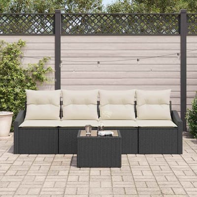 vidaXL Bankstel met kussen met opslag 5 pcs Zwart en Crème poly rattan