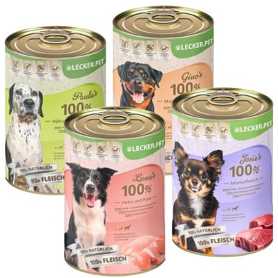 24 x 400 g Lecker.Pet® Gino's, Josie's, Luna's & Paula's 100% vlees & groente hondenvoer natvoer mix - 6 blikken van elke soort