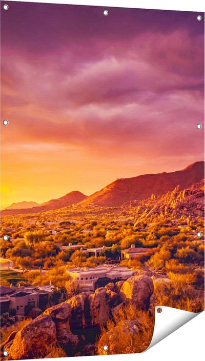 Gards Tuinposter Woestijn Landschap met Zonsondergang - 80x120 cm - Tuindoek - Tuindecoratie - Wanddecoratie buiten - Tuinschilderij