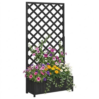 Plantenbak met klimrek - Weerbestendig - Bloembak - Met trellis - Buiten - Hout - Plantenrek - Vierkant - 63 Liter - Zwart