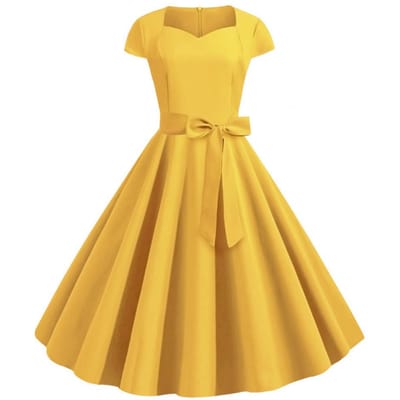 Damesjurk V-hals Met Riem Strikdecoratie A-lijn Grote Swing Strakke Hoge Taille Effen Kleur Retro Korte Mouw Prinsessenstijl Dames Midi Jurk L