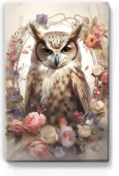 Uil in bloemenkrans - Laqueprint - 19,5 x 30 cm - Niet van echt te onderscheiden handgelakt schilderijtje op hout - Mooier dan een print op canvas. - LP344