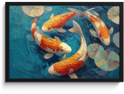 Poster in lijst - Fotolijst 60x40 cm - Posters - Vissen - Waterlelies - Oranje - Water - Posterlijst zwart - Decoratie - Wanddecoratie woonkamer - Muurdecoratie slaapkamer