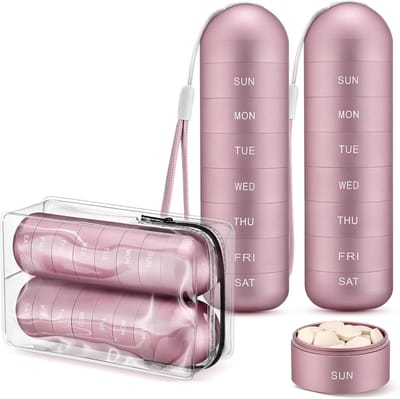Pillendoosjes – Medicijndoosje voor 7 dagen – [Set van 2] – Metalen reis-pillendoos – Draagbaar – Waterdicht – Groot model (aluminiumlegering) – BPA-vrij – Geschikt voor medicijnen, supplementen en vitaminen – Roze