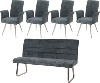 Eetkamerset MCW-G55, set van 4 stoelen met armleuningen + zitbank 180cm, geborsteld roestvrij staal stof/textiel chenille ~ blauwgroen