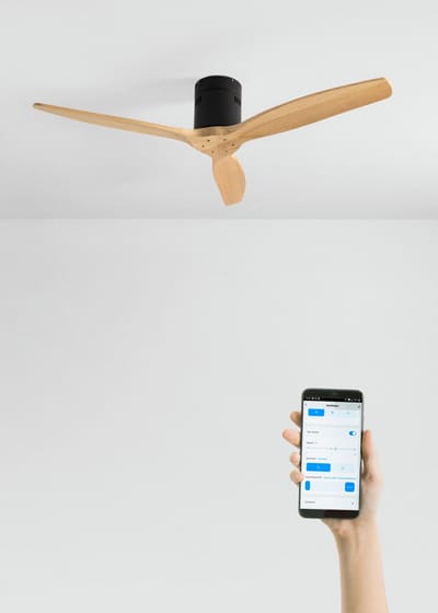 CREATE - Plafondventilator 40W silent 100% hout (Ø132cm) (ruimtes 10m²-25m²) - Zwart / Licht hout - Geen licht - WIFI + Afstandsbediening - WIND CALM NATURAL WOOD