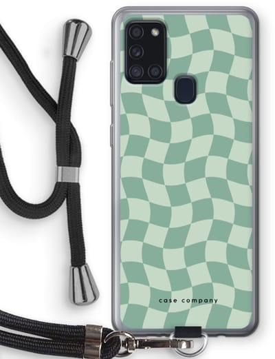Case Company® - Hoesje met koord geschikt voor Samsung Galaxy A21s hoesje met Koord - Grid Groen - Telefoonhoesje met Zwart Koord - Bescherming aan alle Kanten en Over de Schermrand