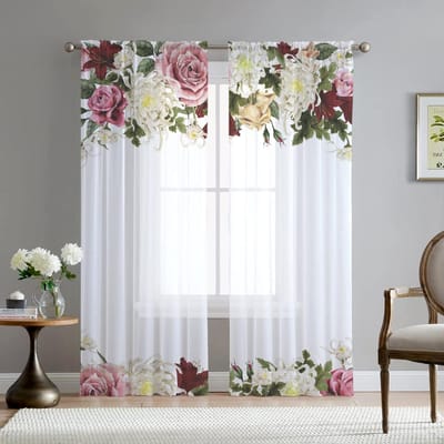 Witte Steen Paarse Roos Bloemen Transparante Voile Gordijn voor Woonkamer Slaapkamer Keuken Raamdecoratie Geometrische Bloemen Tule Gordijnen 1 PCS W100XH250cm&Grommet Top white