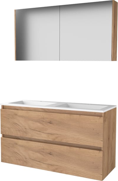 Basic Comfort 46 badmeubelset met spiegelkast, greeploze onderkast met 2 lades en acryl wastafel met 2 kraangaten, whisky oak