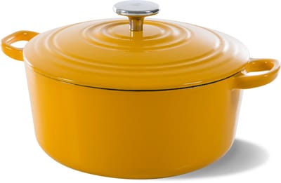 BK Bourgogne Braadpan Gietijzer 28cm/6.7l - inductie braadpan - gietijzeren braadpan - ovenbestendig tot 230 graden - deksel met druipringen - wit geëmailleerde binnenkant - Sunny Yellow