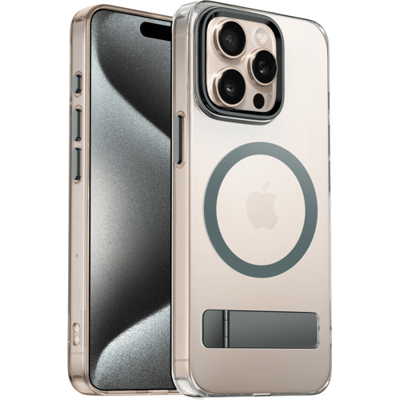Coverzs Hardcase met Standaard (Grijs) Geschikt voor iPhone 15 Pro – Magnetische Sterke Telefoonhoes met Luxe Bescherming