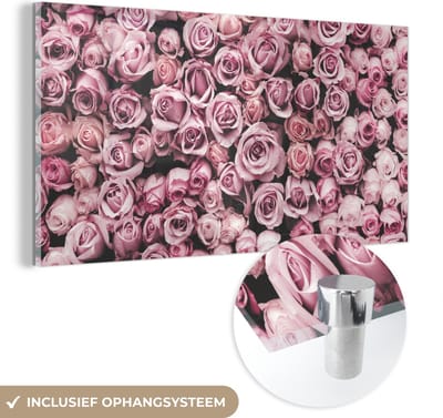 MuchoWow® Glasschilderij 40x20 cm - Schilderij acrylglas - Bloemen - Rozen - Natuur - Roze - Botanisch - Foto op glas - Schilderijen