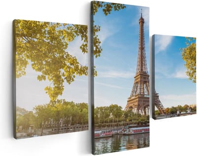 Artaza Canvas Schilderij Drieluik Eiffeltoren In Parijs Aan Het Water - 90x60 - Foto Op Canvas - Canvas Print