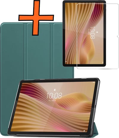 Hoesje - Geschikt voor Lenovo Tab 10.1 inch - Met Screenprotector - Trifold Bookcase - Hard Cover - Hardcover Book Case - Tablet Hoes - Donkergroen