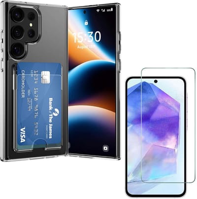 Schokbestendig TPU Hoes Kaarthouder + Screenprotector Geschikt voor: Samsung Galaxy S25 Ultra - Transparant - Hoesje met Achterkant Pasjeshouder