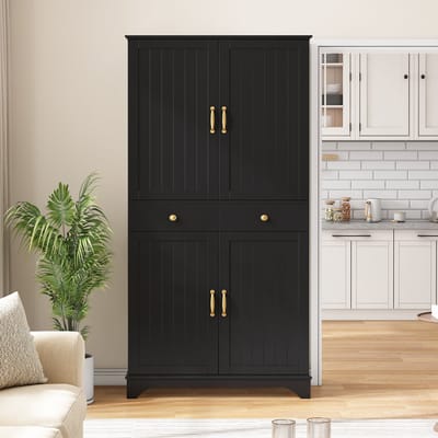 Clruro Hoge kast - - Opbergkast met Verstelbare Planken + Uittrekbare Planken + Lades - Multifunctionele Kast voor Keuken Woonkamer Eetkamer - Zwart