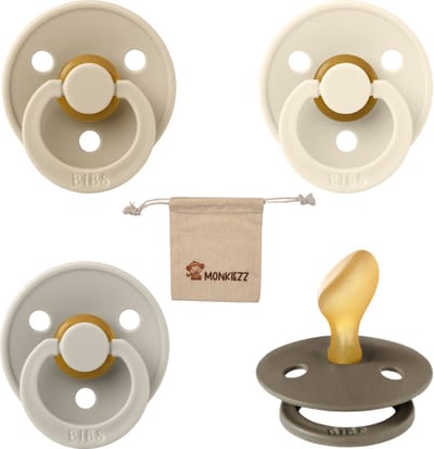 Bibs Dental fopspenen Anatomical 6-18 maanden- Set 4 stuks- Vanilla, Ivory, Sand, Dark Oak + Monkiezz speenzakje - orthodontisch- Anatomisch- Maat 2