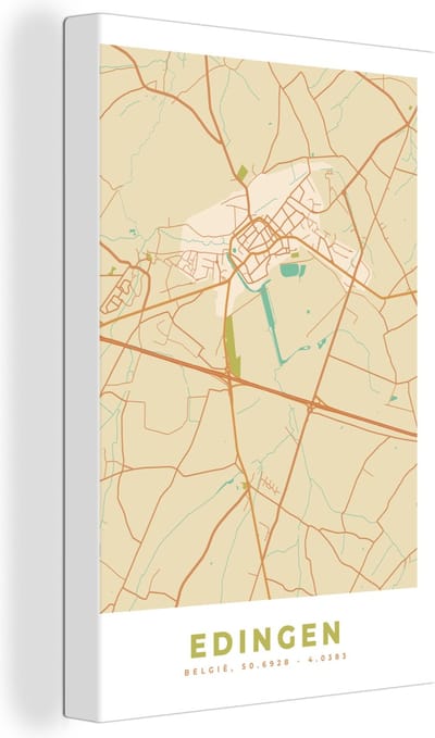 Canvas Schilderij Kaart - België - Plattegrond - Edingen - Stadskaart - 20x30 cm - Wanddecoratie