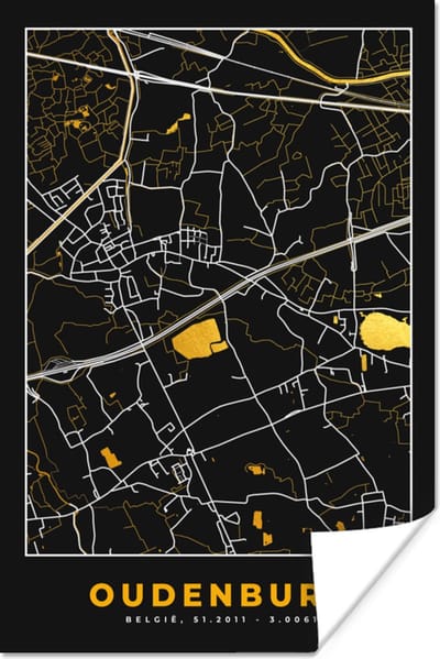 Poster Kaart - Oudenburg - Plattegrond - Goud - Stadskaart - 120x180 cm XXL
