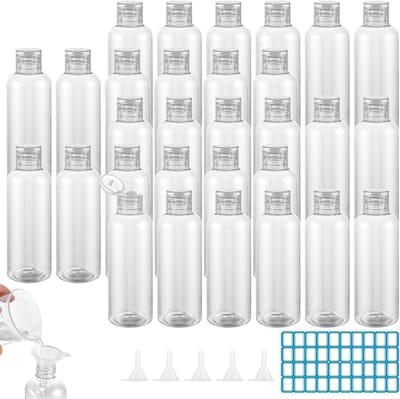 Set van 30 Transparante Reisbottles van 100ml voor Handbagage, Inclusief Trechter en Labels voor Shampoo, Douchegel en Lotion