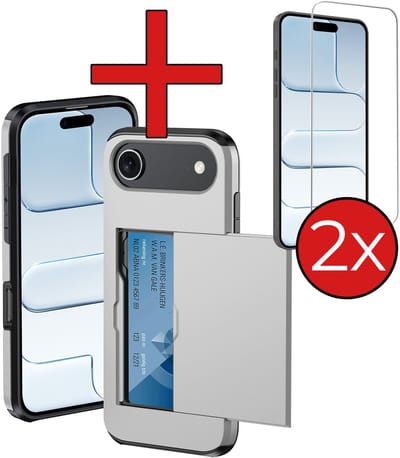 Hoesje Geschikt voor iPhone Air Hoesje Met Pasjeshouder Hard Case Met Kaarthouder Met 2x Screenprotector - Hoes Geschikt voor iPhone Air Hoesje Pashouder Case - Grijs