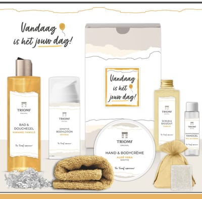Geschenkset “Vandaag is het jouw dag!” - 7 producten - 850 gram | Triomf Original - Giftset voor haar - Cadeau Pakket Verjaardag - Geschenk Luxe wellness cadeaubox - Cadeaupakket Vrouw - Gift Set Party - Feestje Geslaagd - Jubileum Collega Goudgeel