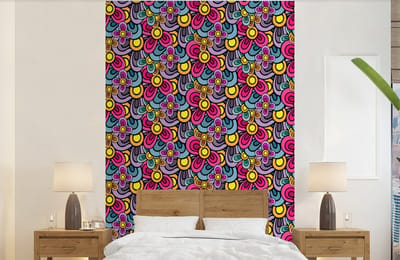 Behang - Fotobehang Patroon - Hippie - Bloemen - Paars - Breedte 140 cm x hoogte 220 cm