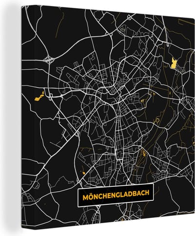 Canvas Schilderij Mönchengladbach - Black and Gold - Kaart - Stadskaart - Plattegrond - 20x20 cm - Wanddecoratie