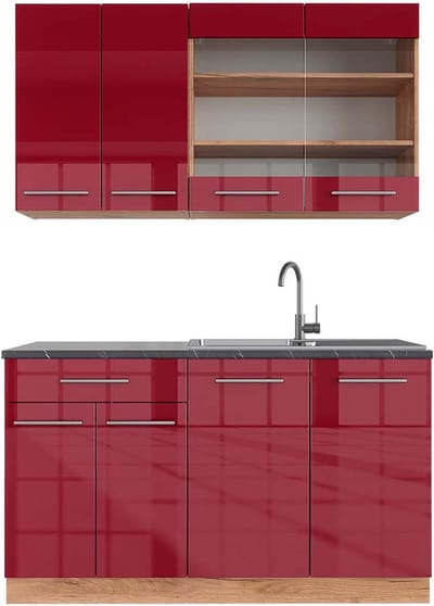 Vicco Fame-Line Eenpersoonskeuken – 140 cm, WB Antraciet Bordeaux hoogglans/gouden eik