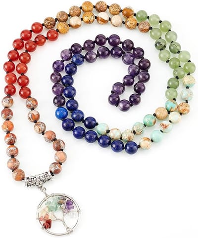 108 Mala Kralen Ketting met 7 Chakra, 8mm Kralen Armband en Natuurlijke Gemengde Steen Tree of Life Hanger, Yoga Sieraden, 41 Inch, Spirituele Accessoires voor Meditatie en Wellness