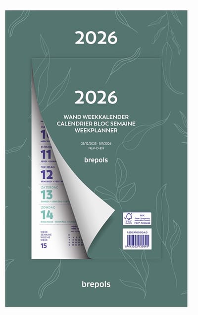 Brepols Wand-weekkalender 2026 - FANTASY - Week begint op maandag - 19 x 31 cm - Groen