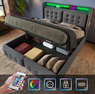 MEUNIQ tweepersoonsbed 160x200 cm met led-hoofdbord, USB-C en stopcontacten, hydraulische opbergruimte, lattenbodem, grijs bedframe voor slaapkamer
