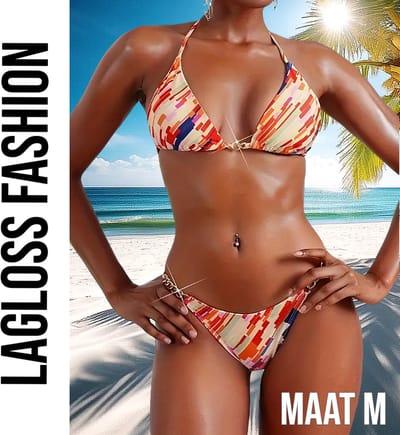 LaGloss® 2-Delige Bikini Set – Oranje Strepen Allover Print – Trendy & Sexy Badmode – Maat M