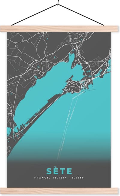 Posterhanger incl. Poster 40x60 cm - Schoolplaat - Sète - Stadskaart - Plattegrond - Kaart - Frankrijk - Textielposter - Blanke latten - Stadskaart