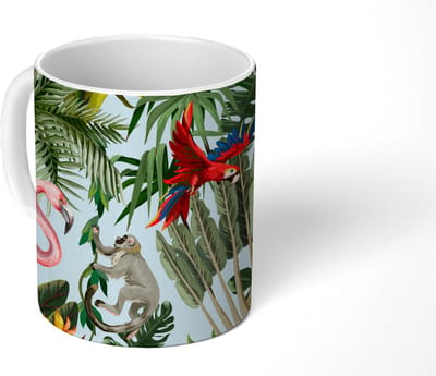 Mok - Koffiemok - Jungle - Dieren - Meisjes - Kinderen - Jongens - Flamingo - Papegaai - Mokken - 350 ML - Beker - Koffiemokken - Theemok