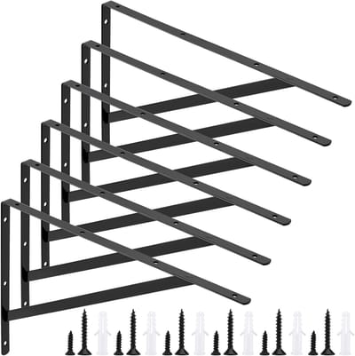 Set van 6 metalen wandplankhouders 400 x 250 mm, zwart, inclusief schroeven, voor stevige wandmontage en optimale ruimtebesparing