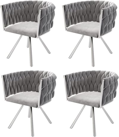 Merax Velvet Eetkamerstoelen Set van 4 - Luxe Draaibare Stoelen met 360° Rotatiefunctie - Ergonomisch Ontwerp - Grijs met Zilver