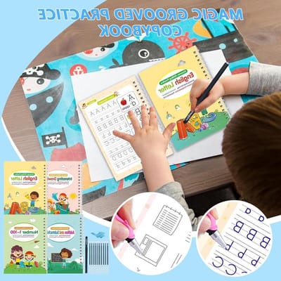 Schrijfschrift Set - Kalligrafie Boek - Kinderen Leren Schrijven - Herbruikbaar met Groeven - 4 Delig - Meerdere Kleuren