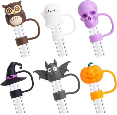 Set van 6 Herbruikbare Halloween Drinkrietjes met Decoratieve Hoed - Bescherming tegen Stof voor 40 oz en 30 oz Bekers, Perfect voor Halloween Feestjes en Decoratie