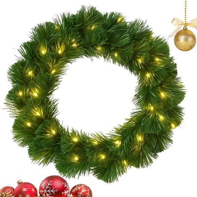 Lomera Kerstkrans met Verlichting - Fiber Optic Verlichting - Warm Wit LED op Batterijen - 50 CM Diameter - Kerstdecoratie - Deurkrans - LED Verlichting - Batterijen Niet Inbegrepen