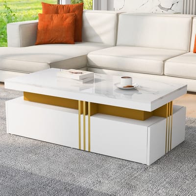 DESMIU Salontafel - Glanzend Rechthoekig Ontwerp Met 2 Lades En Marmeren Blad - Voor Woonkamer, Slaapkamer En Kantoor - Spaanplaat En Metaal - 100x50x40 Cm - Wit