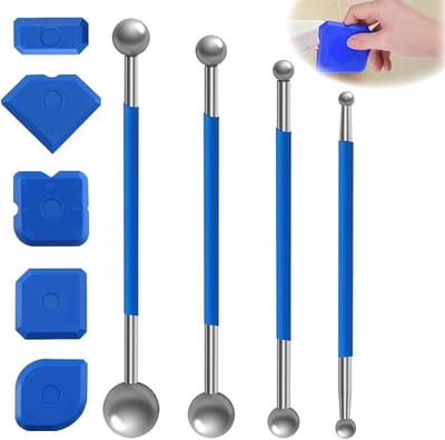9-delige set siliconen badkamer gereedschappen met schraper en voegenstrijker voor tegels en voegen, inclusief 4 metalen ballen en 5 siliconen voegenstrijkers in blauw