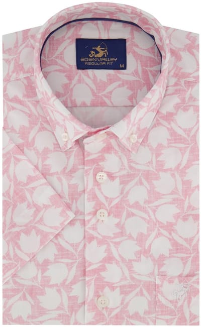 Overhemd geprint roze eden vally korte mouw met borstzak