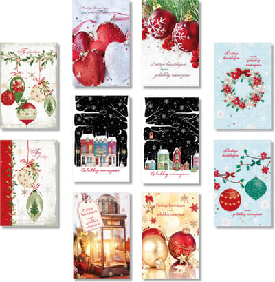 50 Kerstkaarten en Nieuwjaarskaarten - Foliedruk - 10 motieven - Witte envelop - 10,5 x 16 cm
