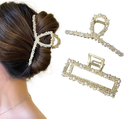 2 Pieces Pearl Hair Clips Large Gold Metal Elegant Hair Clips for Women Girls Thick Hair Accessories - ShopVlot