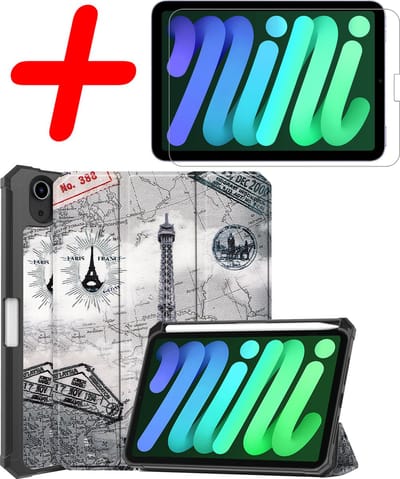 Hoesje Geschikt voor Apple iPad Mini 6 (2021) - 8.3 inch - 6e Generatie - Met Screenprotector - Trifold Bookcase - Hard Cover Case - Met Uitsparing Geschikt voor Apple Pencil - Hardcover Book - Tablet Hoes - Eiffeltoren