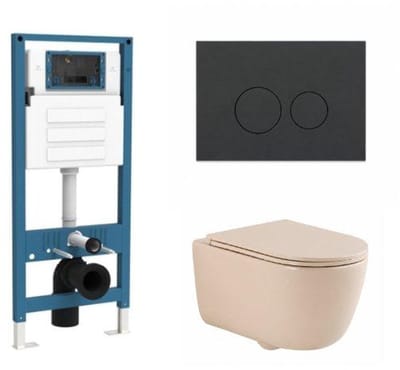 QeramiQ Dely Swirl Toiletset - inbouwreservoir Qeramiq Flush - slim zitting - kunststof mat antraciete bedieningsplaat - ronde knoppen - beige