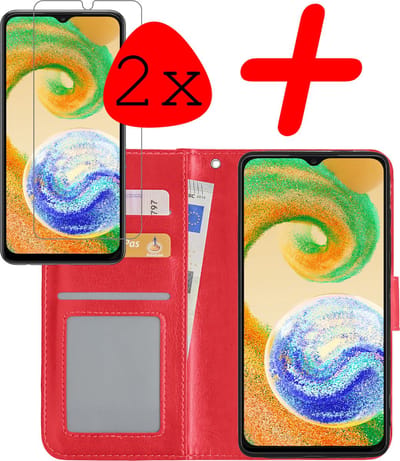 Hoesje Met 2x Screenprotector - Geschikt voor Samsung Galaxy A04s - Luxe Pasjeshouder - Bookcase Portemonee - Flip Case - Kunstleer Book Case - Flipcase Hoes - Book Cover - Walletcase - Portemonneehoes - Rood
