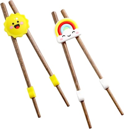 Houten Eetstokjes voor Beginners - 2 Paar Herbruikbare en Gebruiksvriendelijke Sticks, Ideaal voor Links- en Rechtshandigen, Warmtebestendig en Automatische Veer, Geel met Zonnebloemen en Wolken