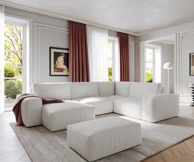 Woonlandschap Lanzo bouclé crème-wit 300x210 cm met variabele recamière en hocker